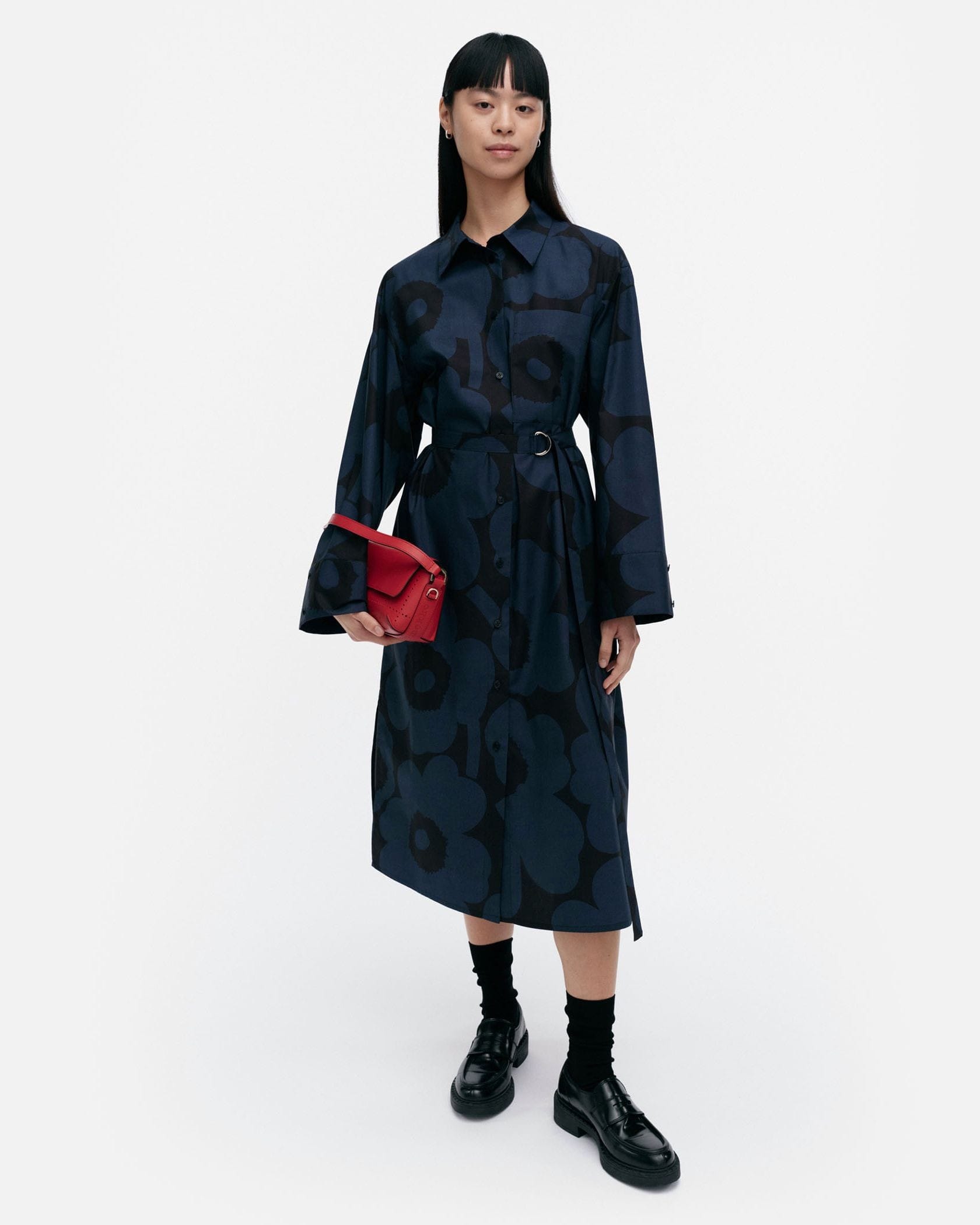 【美品】マリメッコ　ボウタイ　長袖　ワンピース　カトレア　花柄　ネイビー系　34 美品】マリメッコ ボウタイ 長袖 ワンピース カトレア 花柄 ネイビー系